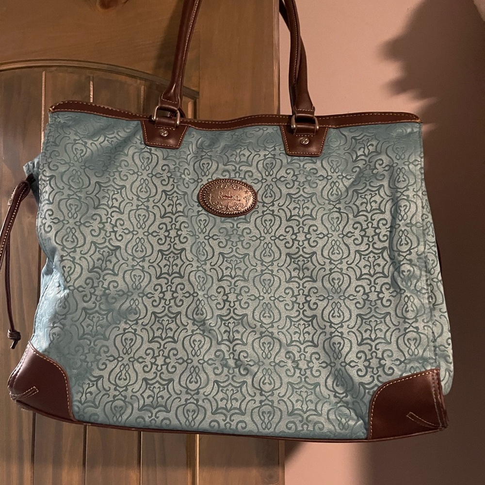 Reba Blue and Brown Tote Bag with Leather Accents
